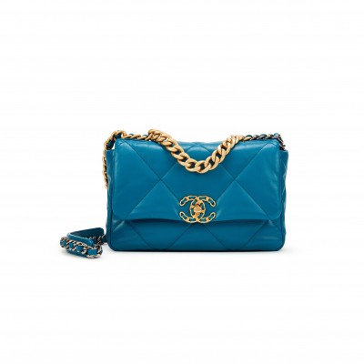 CHANEL 19 FLAP BAG IN TEAL BLUE LAMBSKIN AS1160 (26*16*9cm)